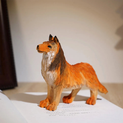Handmade Wood Carved Sheltie / Collie Small Statue Figurine-Orange-1