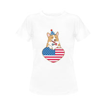 Load image into Gallery viewer, Happy 4th July Corgis Women&#39;s Cotton T-Shirts-Apparel-Apparel, Corgi, Shirt, T Shirt-Corgi with Party Hat-White-Small-10