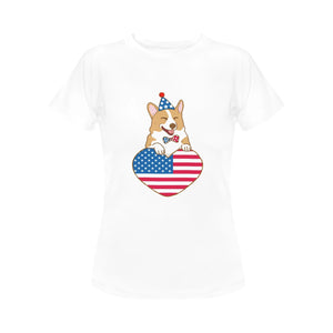 Happy 4th July Corgis Women's Cotton T-Shirts-Apparel-Apparel, Corgi, Shirt, T Shirt-Corgi with Party Hat-White-Small-10