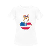 Load image into Gallery viewer, Happy 4th July Corgis Women&#39;s Cotton T-Shirts-Apparel-Apparel, Corgi, Shirt, T Shirt-Corgi with Hair Clip Bow-White-Small-11