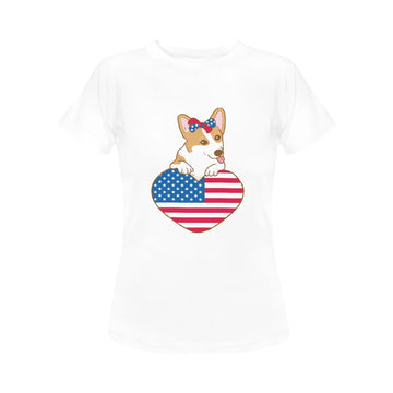 Happy 4th July Corgis Women's Cotton T-Shirts-Apparel-Apparel, Corgi, Shirt, T Shirt-Corgi with Hair Clip Bow-White-Small-11