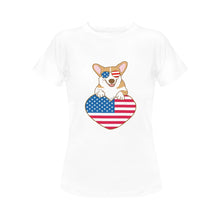 Load image into Gallery viewer, Happy 4th July Corgis Women&#39;s Cotton T-Shirts-Apparel-Apparel, Corgi, Shirt, T Shirt-Corgi with Sunglasses-White-Small-12