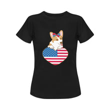 Load image into Gallery viewer, Happy 4th July Corgis Women&#39;s Cotton T-Shirts-Apparel-Apparel, Corgi, Shirt, T Shirt-Corgi with Hair Clip Bow-Black-Small-14