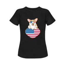 Load image into Gallery viewer, Happy 4th July Corgis Women&#39;s Cotton T-Shirts-Apparel-Apparel, Corgi, Shirt, T Shirt-Corgi with Sunglasses-Black-Small-15