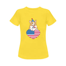 Load image into Gallery viewer, Happy 4th July Corgis Women&#39;s Cotton T-Shirts-Apparel-Apparel, Corgi, Shirt, T Shirt-Corgi with Party Hat-Yellow-Small-16