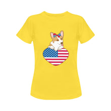 Load image into Gallery viewer, Happy 4th July Corgis Women&#39;s Cotton T-Shirts-Apparel-Apparel, Corgi, Shirt, T Shirt-Corgi with Hair Clip Bow-Yellow-Small-17