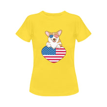 Load image into Gallery viewer, Happy 4th July Corgis Women&#39;s Cotton T-Shirts-Apparel-Apparel, Corgi, Shirt, T Shirt-Corgi with Sunglasses-Yellow-Small-18