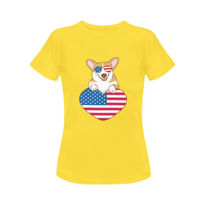 Happy 4th July Corgis Women's Cotton T-Shirts-Apparel-Apparel, Corgi, Shirt, T Shirt-Corgi with Sunglasses-Yellow-Small-18