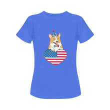 Load image into Gallery viewer, Happy 4th July Corgis Women&#39;s Cotton T-Shirts-Apparel-Apparel, Corgi, Shirt, T Shirt-Corgi with Party Hat-Blue-Small-19