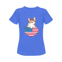 Load image into Gallery viewer, Happy 4th July Corgis Women&#39;s Cotton T-Shirts-Apparel-Apparel, Corgi, Shirt, T Shirt-Corgi with Hair Clip Bow-Blue-Small-20