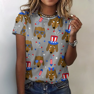 Happy 4th of July Dachshunds All Over Print Women's Cotton T-Shirt - 4 Colors-Apparel-Apparel, Dachshund, Shirt, T Shirt-Gray-2XS-18