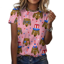 Load image into Gallery viewer, Happy 4th of July Dachshunds All Over Print Women&#39;s Cotton T-Shirt - 4 Colors-Apparel-Apparel, Dachshund, Shirt, T Shirt-Pink-2XS-2