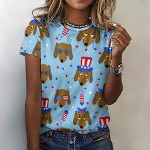 Load image into Gallery viewer, Happy 4th of July Dachshunds All Over Print Women&#39;s Cotton T-Shirt - 4 Colors-Apparel-Apparel, Dachshund, Shirt, T Shirt-Blue-2XS-3