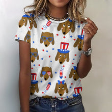 Load image into Gallery viewer, Happy 4th of July Dachshunds All Over Print Women&#39;s Cotton T-Shirt - 4 Colors-Apparel-Apparel, Dachshund, Shirt, T Shirt-White-2XS-1