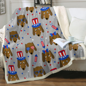 Happy 4th of July Dachshunds Soft Warm Fleece Blanket-Blanket-Blankets, Dachshund, Home Decor-Warm Gray-Small-3