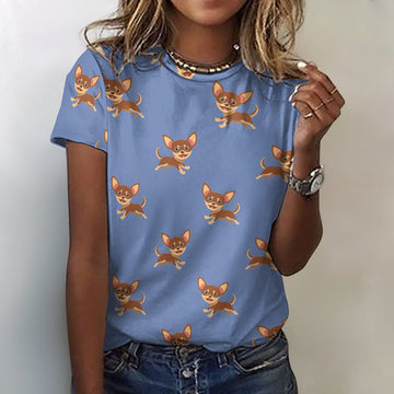 Happy Chocolate Chihuahua Love All Over Print Women's Cotton T-Shirt - 4 Colors-Apparel-Apparel, Chihuahua, Shirt, T Shirt-2XS-CornflowerBlue-13