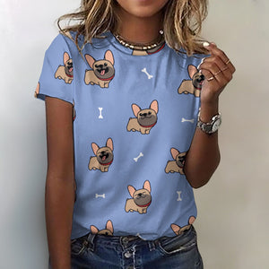 Happy Fawn French Bulldog Love All Over Print Women's Cotton T-Shirt- 4 Colors-Apparel-Apparel, French Bulldog, Shirt, T Shirt-2XS-CornflowerBlue-18