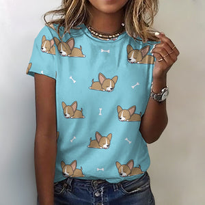 Happy Fawn French Bulldog Love All Over Print Women's Cotton T-Shirt - 4 Colors-Apparel-Apparel, French Bulldog, Shirt, T Shirt-2XS-SkyBlue-15