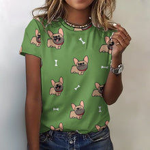 Load image into Gallery viewer, Happy Fawn French Bulldog Love All Over Print Women&#39;s Cotton T-Shirt- 4 Colors-Apparel-Apparel, French Bulldog, Shirt, T Shirt-2XS-OliveDrab-9