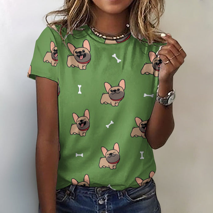 Happy Fawn French Bulldog Love All Over Print Women's Cotton T-Shirt- 4 Colors-Apparel-Apparel, French Bulldog, Shirt, T Shirt-2XS-OliveDrab-9