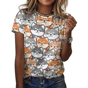 Happy Happy Shiba Love All Over Print Women's Cotton T-Shirt - 4 Colors-Apparel-Apparel, Shiba Inu, Shirt, T Shirt-9