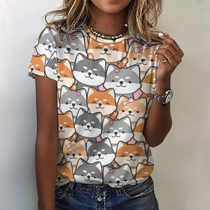 Happy Happy Shiba Love All Over Print Women's Cotton T-Shirt - 4 Colors-Apparel-Apparel, Shiba Inu, Shirt, T Shirt-6
