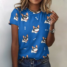 Load image into Gallery viewer, Happy Pied Black and White Frenchies All Over Print Women&#39;s Cotton T-Shirt - 4 Colors-Apparel-Apparel, French Bulldog, Shirt, T Shirt-Blue-2XS-13