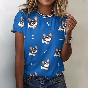 Happy Pied Black and White Frenchies All Over Print Women's Cotton T-Shirt - 4 Colors-Apparel-Apparel, French Bulldog, Shirt, T Shirt-Blue-2XS-13