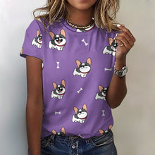 Load image into Gallery viewer, Happy Pied Black and White Frenchies All Over Print Women&#39;s Cotton T-Shirt - 4 Colors-Apparel-Apparel, French Bulldog, Shirt, T Shirt-Purple-2XS-2