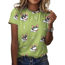 Load image into Gallery viewer, Happy Pied Black and White Frenchies All Over Print Women&#39;s Cotton T-Shirt - 4 Colors-Apparel-Apparel, French Bulldog, Shirt, T Shirt-Green-2XS-3