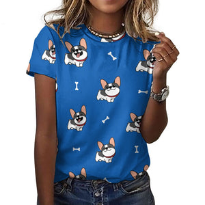 Happy Pied Black and White Frenchies All Over Print Women's Cotton T-Shirt - 4 Colors-Apparel-Apparel, French Bulldog, Shirt, T Shirt-4