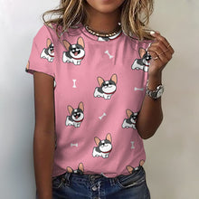 Load image into Gallery viewer, Happy Pied Black and White Frenchies All Over Print Women&#39;s Cotton T-Shirt - 4 Colors-Apparel-Apparel, French Bulldog, Shirt, T Shirt-Pink-2XS-1