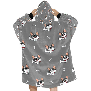 Happy Pied Black and White Frenchies Blanket Hoodie for Women-Apparel-Apparel, Blankets-18