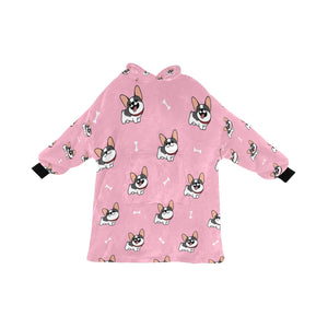 Happy Pied Black and White Frenchies Blanket Hoodie for Women-Apparel-Apparel, Blankets-LightPink-ONE SIZE-1