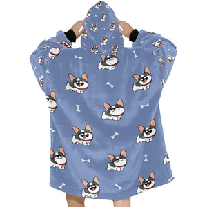 Happy Pied Black and White Frenchies Blanket Hoodie for Women-Apparel-Apparel, Blankets-9