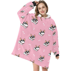 Happy Pied Black and White Frenchies Blanket Hoodie for Women-Apparel-Apparel, Blankets-3