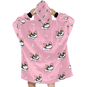 Happy Pied Black and White Frenchies Blanket Hoodie for Women-Apparel-Apparel, Blankets-4
