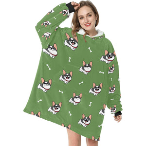 Happy Pied Black and White Frenchies Blanket Hoodie for Women-Apparel-Apparel, Blankets-11
