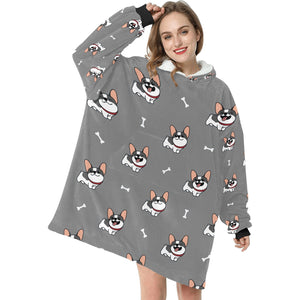 Happy Pied Black and White Frenchies Blanket Hoodie for Women-Apparel-Apparel, Blankets-17