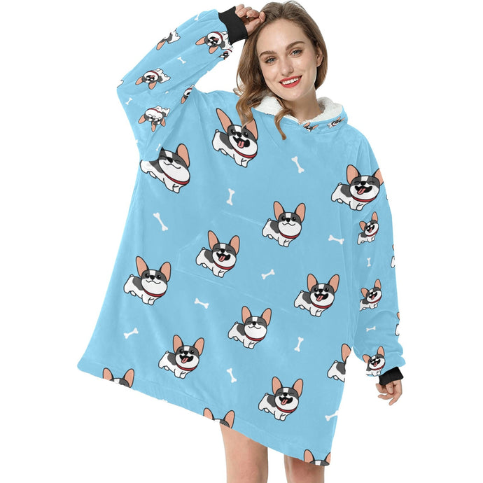 Happy Pied Black and White Frenchies Blanket Hoodie for Women-Apparel-Apparel, Blankets-6