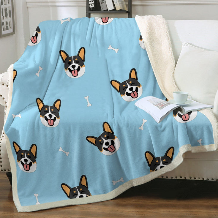 Happy Tri Color Corgi Love Soft Warm Fleece Blanket-Blanket-Blankets, Corgi, Home Decor-Sky Blue-Small-2