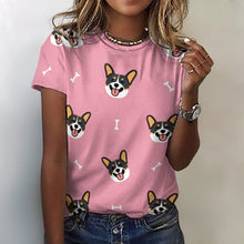 Load image into Gallery viewer, Happy Tri Color Corgis All Over Print Women&#39;s Cotton T-Shirt - 4 Colors-Apparel-Apparel, Corgi, Shirt, T Shirt-2XS-LightPink-12