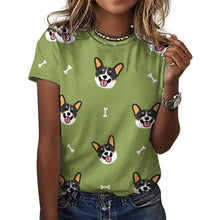 Load image into Gallery viewer, Happy Tri Color Corgis All Over Print Women&#39;s Cotton T-Shirt - 4 Colors-Apparel-Apparel, Corgi, Shirt, T Shirt-5