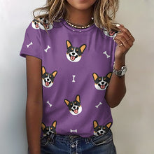 Load image into Gallery viewer, Happy Tri Color Corgis All Over Print Women&#39;s Cotton T-Shirt - 4 Colors-Apparel-Apparel, Corgi, Shirt, T Shirt-2XS-DarkMagenta-9