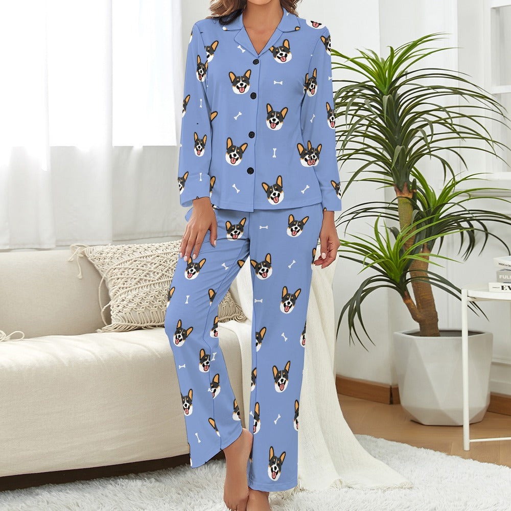 Happy Tri Color Corgis Pajamas Set for Women-Pajamas-Apparel, Corgi, Pajamas-1