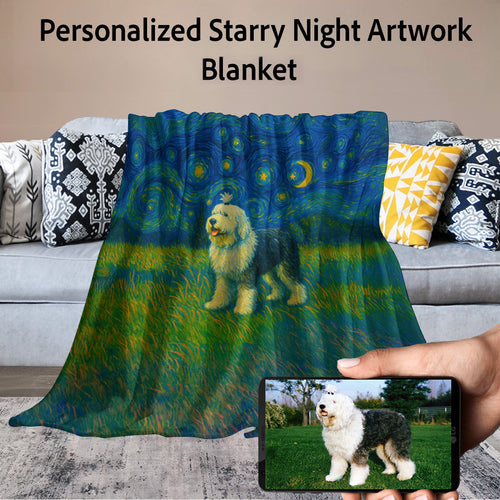 Personalized Starry Night Artwork Custom Old English Sheepdog Blanket-Blanket-Blankets,Dog Dad Gifts,Dog Memorial Gifts,Dog Mom Gifts,Home Decor,Old English Sheepdog,Personalize Artwork-1
