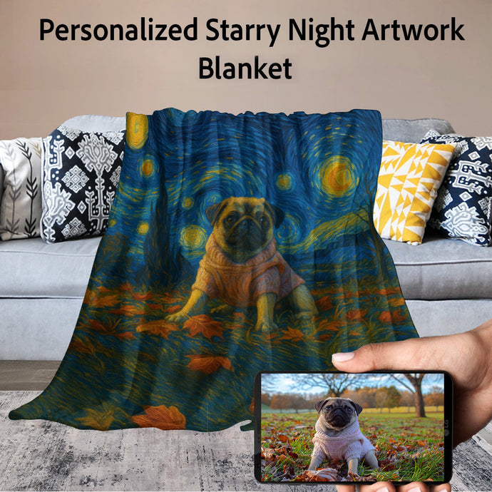 Personalized Starry Night Artwork Custom Pug Blanket-Blanket-Blankets,Dog Dad Gifts,Dog Memorial Gifts,Dog Mom Gifts,Home Decor,Personalize Artwork,Pug-1