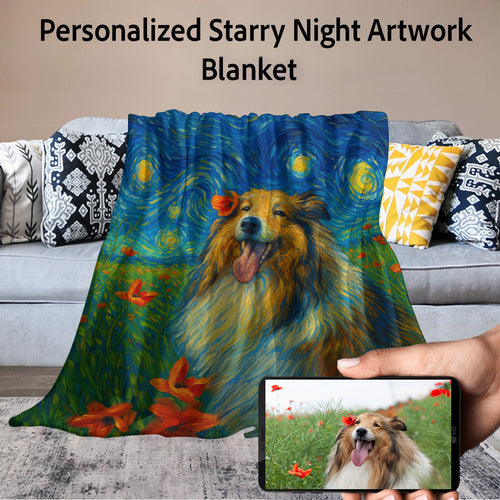 Personalized Starry Night Artwork Custom Sheltie Blanket-Blanket-Blankets,Dog Dad Gifts,Dog Memorial Gifts,Dog Mom Gifts,Home Decor,Personalize Artwork,Rough Collie,Shetland Sheepdog-1