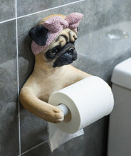 Load image into Gallery viewer, Image of a super cute she pug toilet paper holder wearing bowtie headscarf