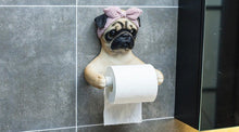 Load image into Gallery viewer, Image of a super cute she pug toilet roll holder wearing bowtie headscarf